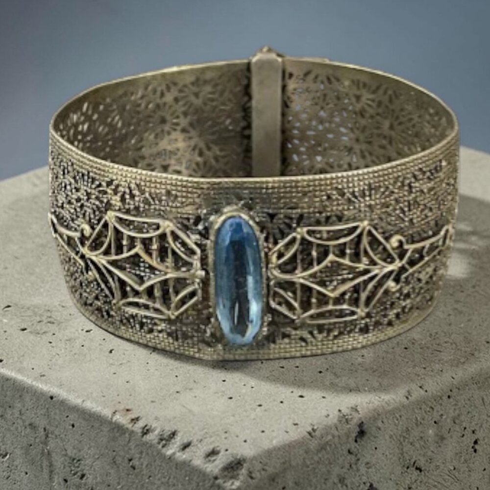 Antique Art Deco Wide Filigree Blue Glass Center Stone Buckle Bracelet